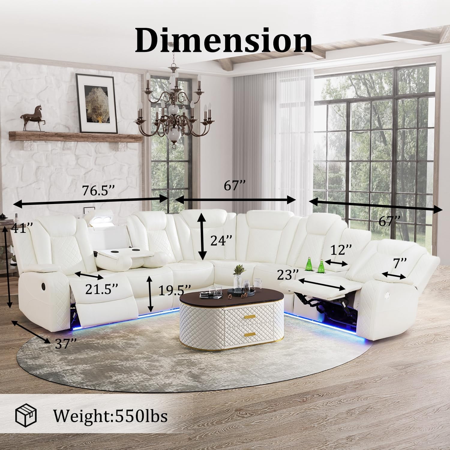 Power Reclining Sectional Sofa, Living Room Furniture Set with USB Chargers and Storage Console, Leather Recliner Sofa for Living Room/Apartment/Office/Home Theather (Creamy White)