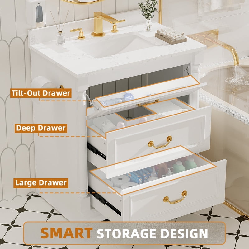 Lacoo 30" White Freestanding Bathroom Vanity with Ceramic Sink, Tilt-Out Drawer & Built-In 4" Backsplash, Gold Hardware Bath Storage Cabinet