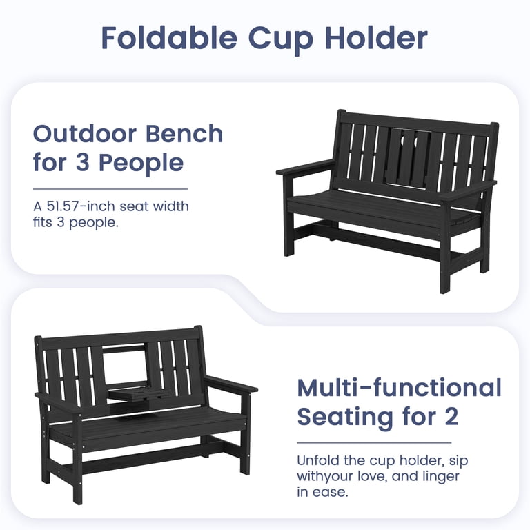 SERWALL Outdoor Bench with Cup Holder, 58", HDPE, Black photo 2
