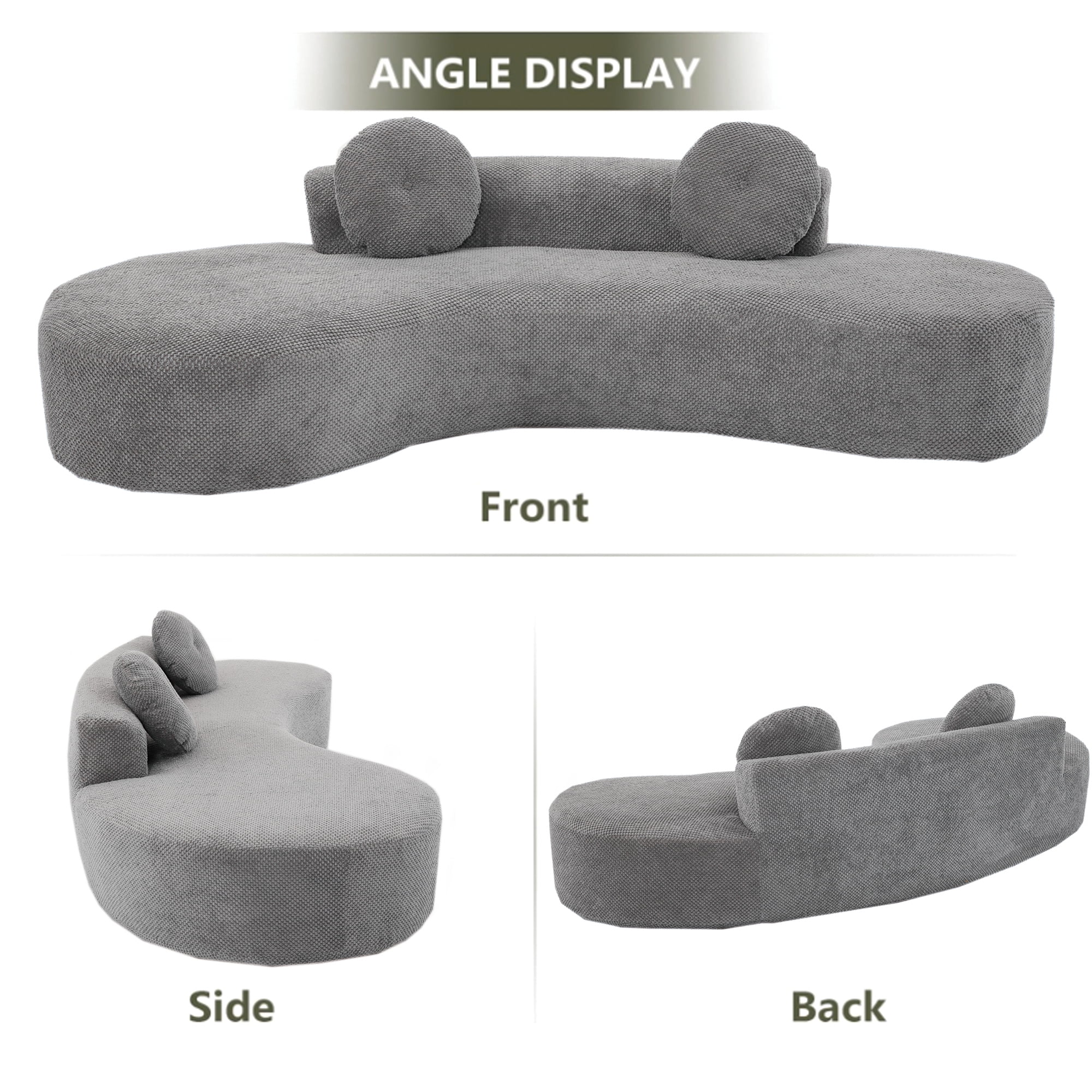 Aukfa 106" Curved Chaise Sofa Deep Seat Sofa for Living Room, 2 Pillows, Corduroy, Gray