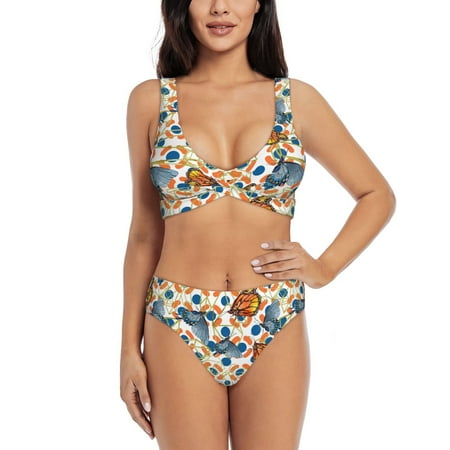 Zeuib Butterflies Wild Insect High Waisted Tummy Control Bikini Set - Knot Front Push Up Top & Cheeky Thong Bottom  Two-Piece Swimsuit for Women-Small