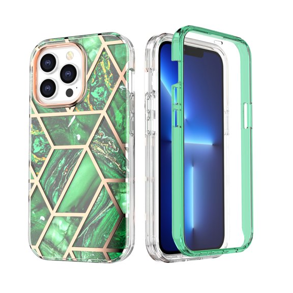 Nalacover Slim Case for iPhone 14 Pro, Marble Pattern Electroplated Rugged PC + TPU Hybrid Shockproof Cover with Screen Protector Anti-Scratches Non-Yellowing Case for iPhone 14 Pro,Green