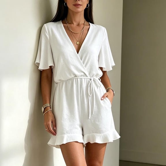 Morttic Women's Solid Color V-Neck Short Sleeve Laced Waist Ruffle Hem With Pockets Loose Fit Summer Beach Jumpsuit White,S