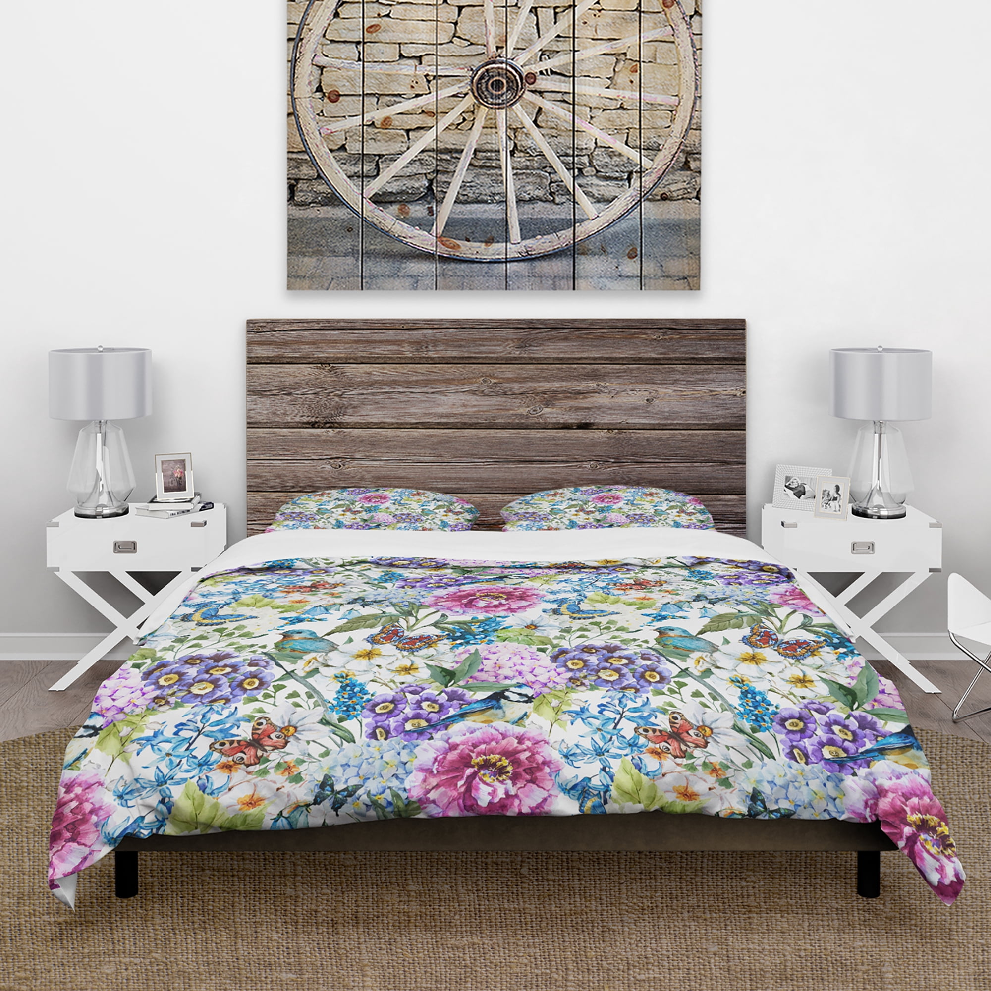 Designart 'Blue Bird And Blue and Purple Blossoming Flowers' Floral Duvet Cover Set