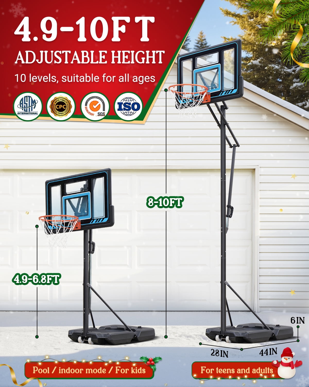 SERAY Basketball Hoop 4.9-10 feet Height Adjustable for Kids, Teens & Adults, 44 inch Backboard and Portable Wheels, Basketball Goal System for Outdoor/Indoor Sports
