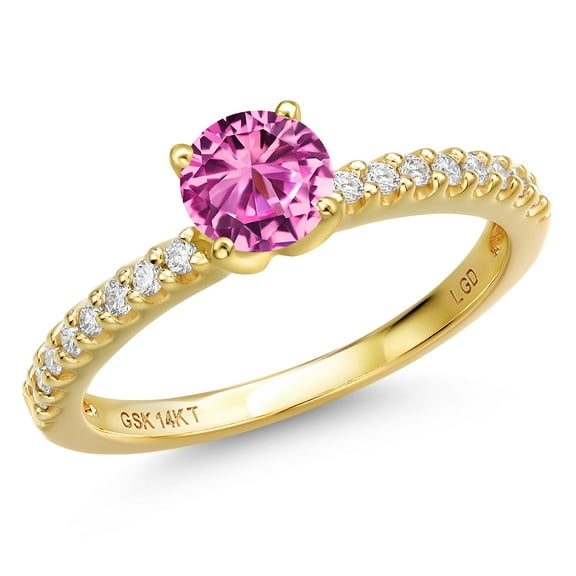 Gem Stone King 14K Yellow Gold Pink Created Sapphire and Lab Grown Diamond Engagement Ring for Women | 0.71 Cttw | Round 5MM | Gemstone September Birthstone | Size 5