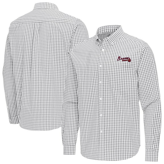 Men's Antigua Gray Atlanta Braves Ellis Woven Tri-Blend Button-Down Shirt