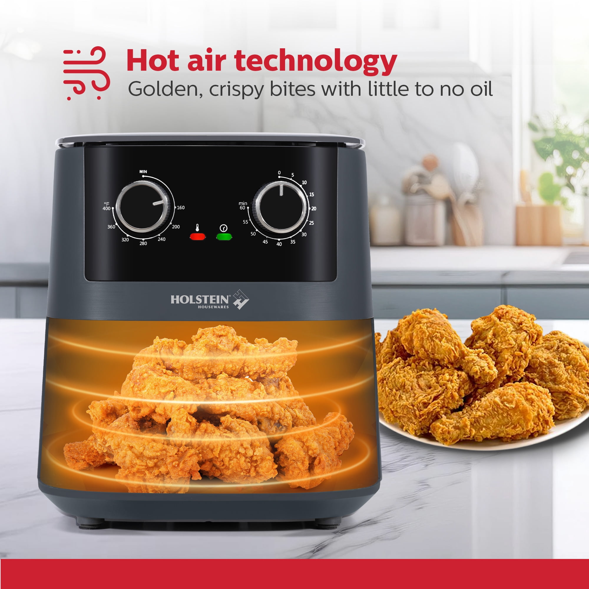 Holstein Housewares 4.4QT Air Fryer. Your All-in-One Culinary Solution. Air fry, roast, bake or grill. Adjustable temperature and time, Hot air technology and Dishwasher Safe, 1400W, Grey