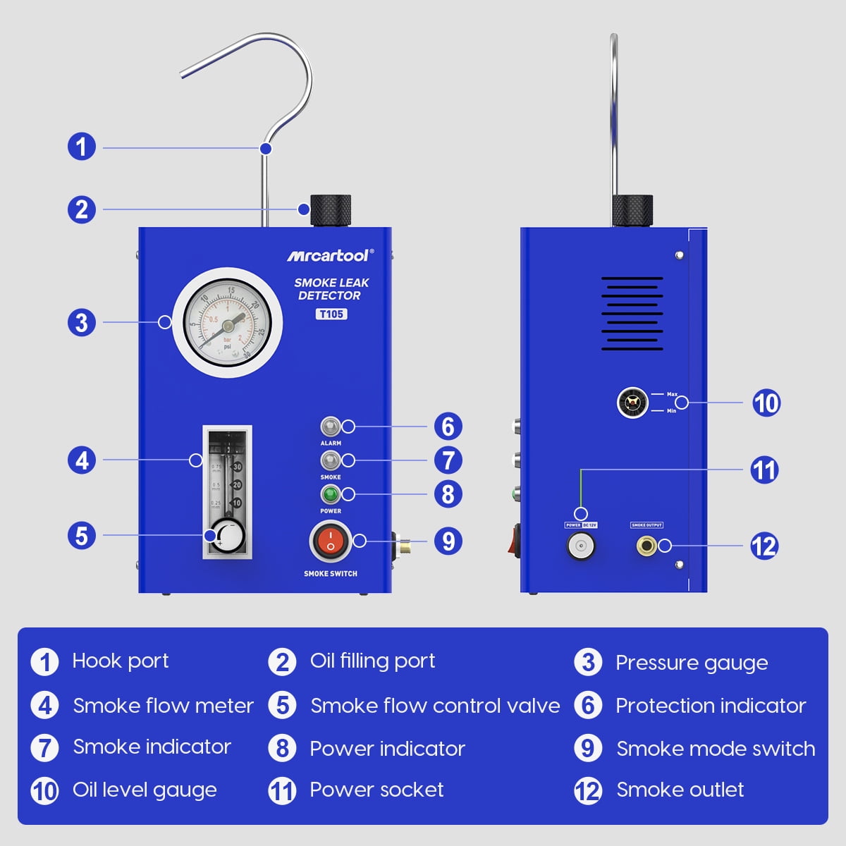 MRCARTOOL T105 Automotive Smoke Machine Leak Detector, Smoke Tester, Vacuum Diagnostic Detector Tool, Built-in Air Pump