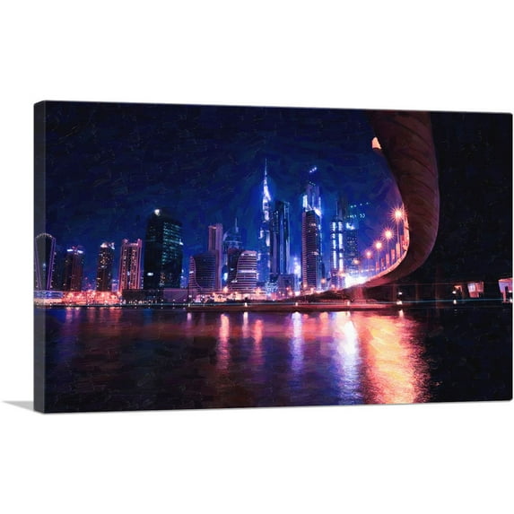 ARTCANVAS Dubai Night Cityscape Skyline with Bridge Canvas Art Print - Size: 26" x 18" (1.50" Deep)