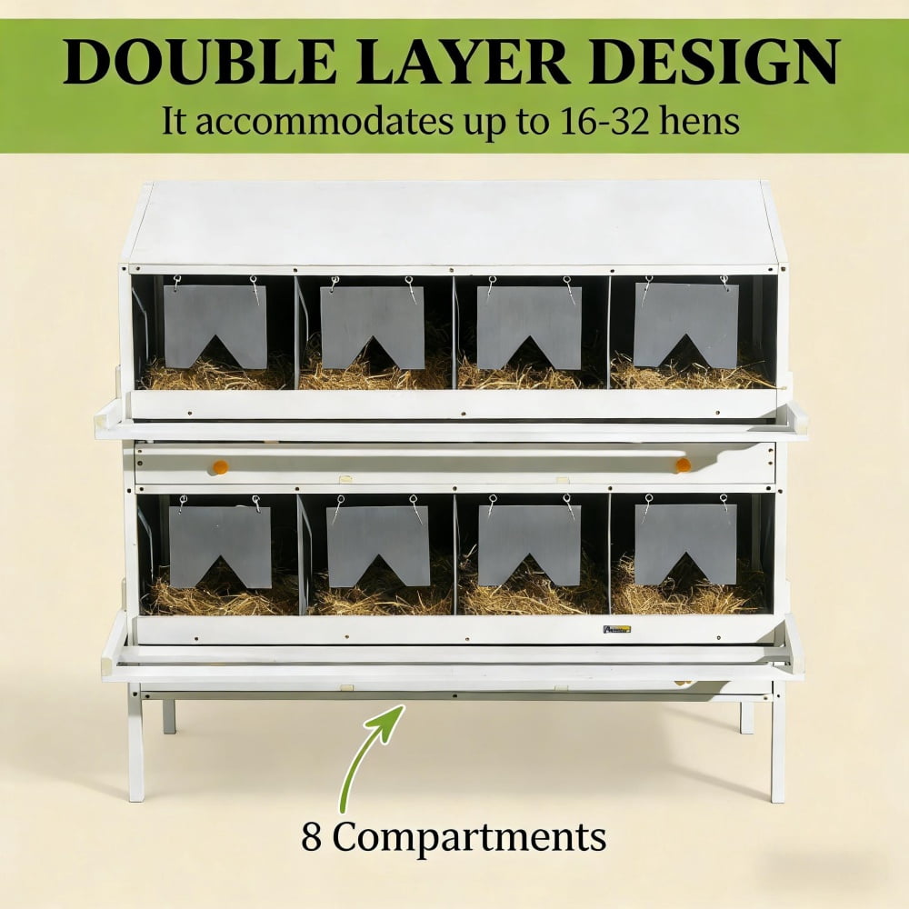 2 Tier Fir Wood Chicken Nesting Box, Automatic Egg Rolling Poultry Laying Nest With Perches V-Shaped Curtain, Elevated Dry Chicken Egg Laying House For 16-32 Hens