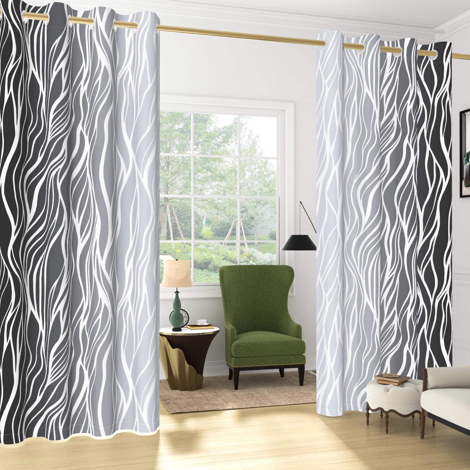 Nanqianyi Black and Grey Ombre Blackout Curtains 52" Wx63" L for Bedroom Living Room, Gradient Wavy Line Thermal Insulated Grommet Drapes 2 Panels