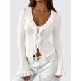 thumbnail image 4 of Women Ruffle Tie Front Cardigan Sweater Long Bell Sleeve Cropped Knit Sweater Top White M, 4 of 7