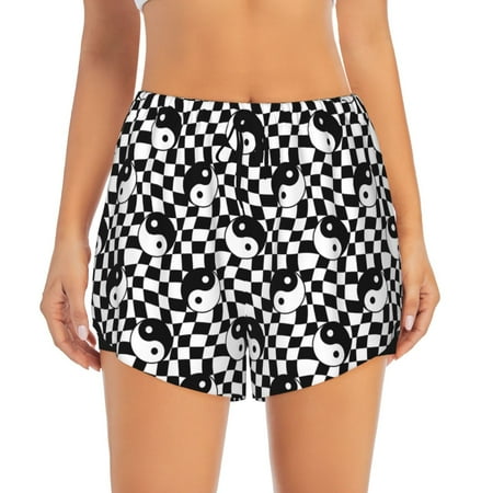 Haiem Ying Yang Checkered Women s 2 in 1 Running Shorts - Lightweight Athletic Workout Gym Yoga Breathable Sports Shorts Liner with Phone Pockets-Small