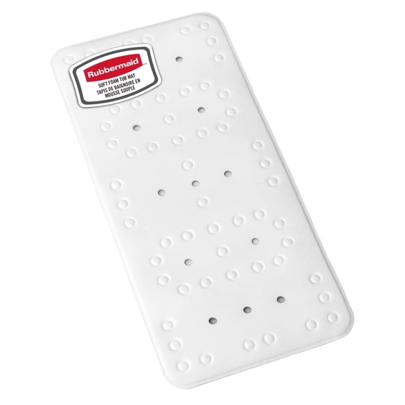 Tapis de baignoire et de douche en mousse souple Rubbermaid pour salle de bain, antidérapant avec trous d’évacuation rapide, 91 x 43 cm, blanc