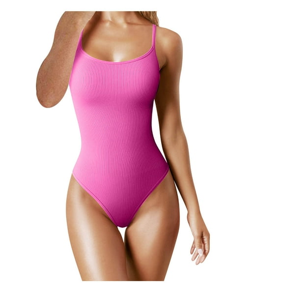 Penkiiy Women's Rompers Women's Threaded Low Neck Sleeveless Tank Top Skinny Bodysuit Pink S Rompers