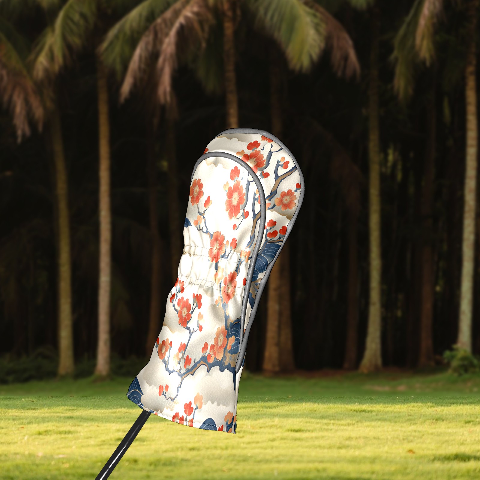 Golf Club Covers, White CherryBlossomWave Premium PU Leather Driver Hybrid Putter Head Covers with Velvet Lining, Waterproof Golf Gifts for Men Women