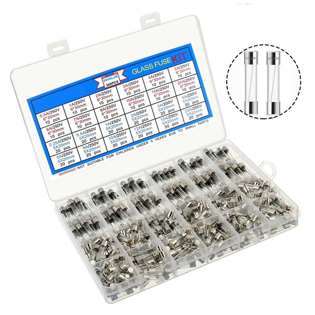 360pcs Fast Blow Glass Fuse Assortment Kit 24 Values Fuses Kit Tube Fuses Sets
