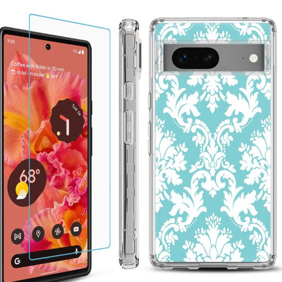 OneToughShield ® Compatible with Google Pixel 8, Shockproof Phone Case, with Tempered Glass Screen Protector - Victorian White/Teal