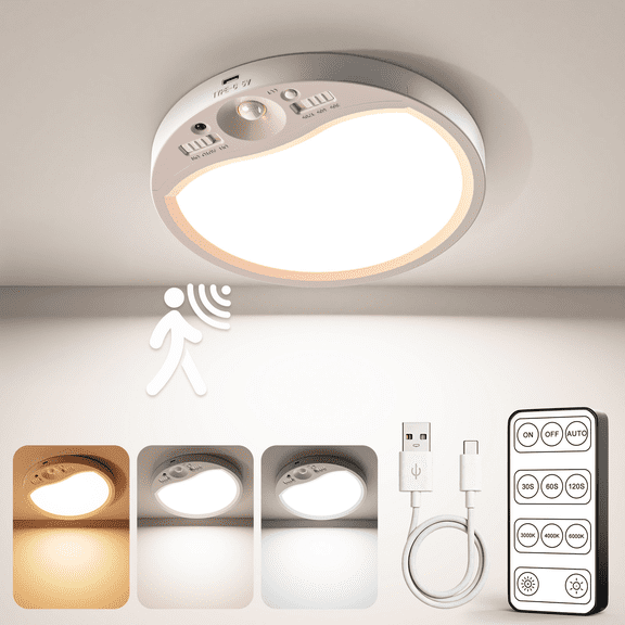 Yannovus 8000mAh Motion Sensor Ceiling Light Indoor with Remote, 3-Color Magnetic Battery Operated Lights, 7'' Super Slim Ceiling Light Adjustable Motion Timer 30s/60s/120s for Closet Shower