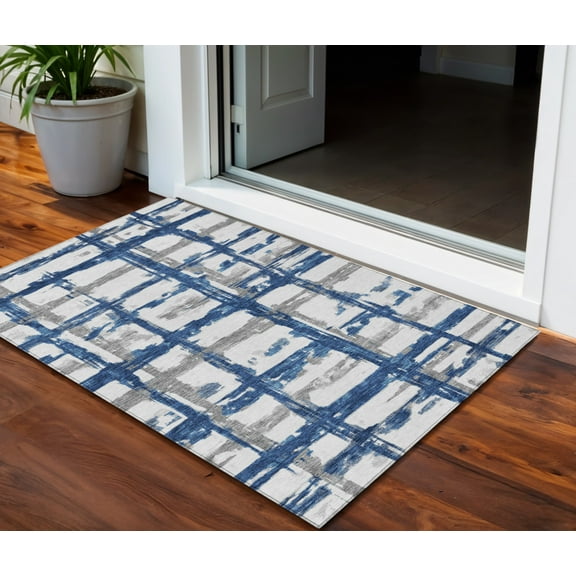 HomeRoots 584494 3 x 5 ft. Striped Washable Indoor & Outdoor Rectangle Area Rug, Navy Blue, Gray & Silver