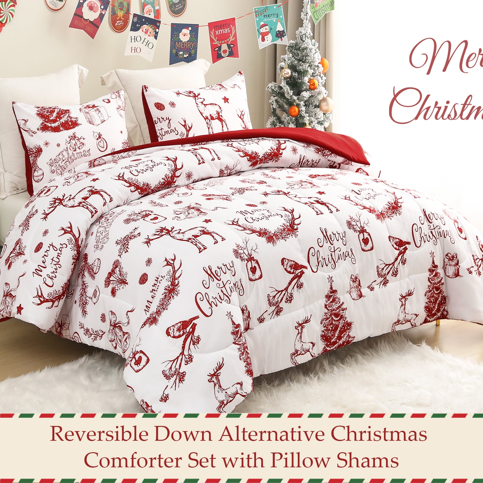 Exclusivo Mezcla Christmas Twin Size Comforter Set, 2 Pieces Reversible White and Rust Red Down Alternative Comforter Sets, Printed Christmas Reindeer Wreaths Pattern
