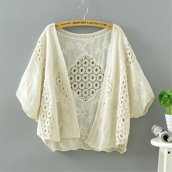Weikingp Womens Tops, Women's Embroidered Hollow Art Thin Top Cotton Short Bat Sleeve Cardigan Cardigan Sweaters for Women Shackets for Women 2024 Beige One Size