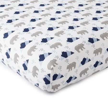 UPC: 0190945039873 | Levtex Baby – Trail Mix Crib Fitted Sheet – Fits Standard Crib and Toddler Mattress – Tossed Bears and Moutains – Blue Grey and White – Nursery Accessories – 100% Cotton