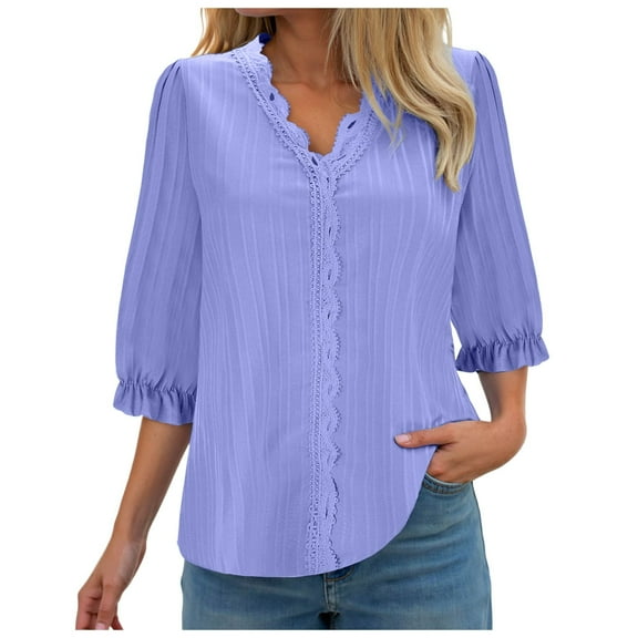 GEWSEY Womens Dressy Casual Blouses 3/4 Sleeve V Neck Ruffle Tops Business Ladies Summer 2025 Trendy Work Shirt Light Purple, S