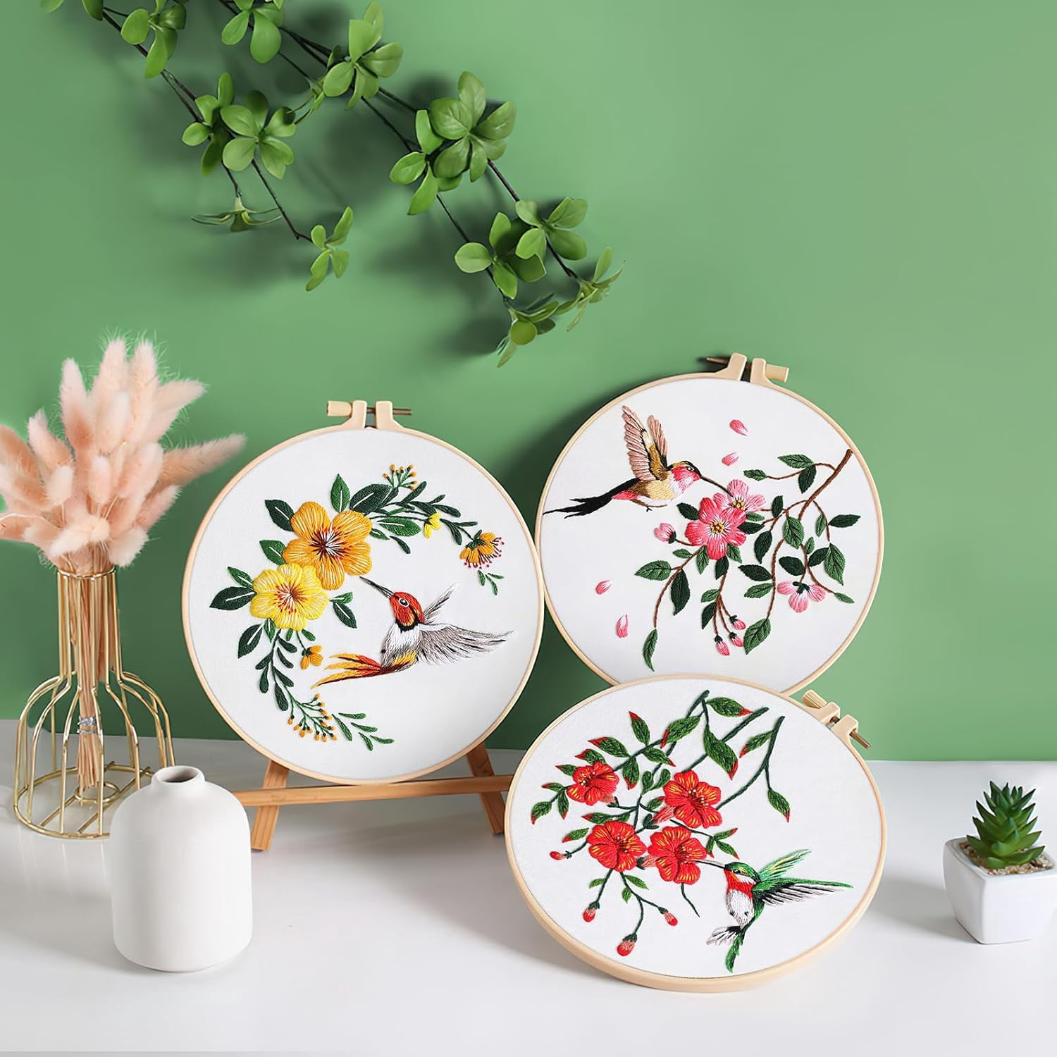3 Pack Embroidery Kit for Beginners, Sewing Cross Stitch Starter Set with Flowers Birds Pattern Stamped Cloth Hoops Threads and Needles