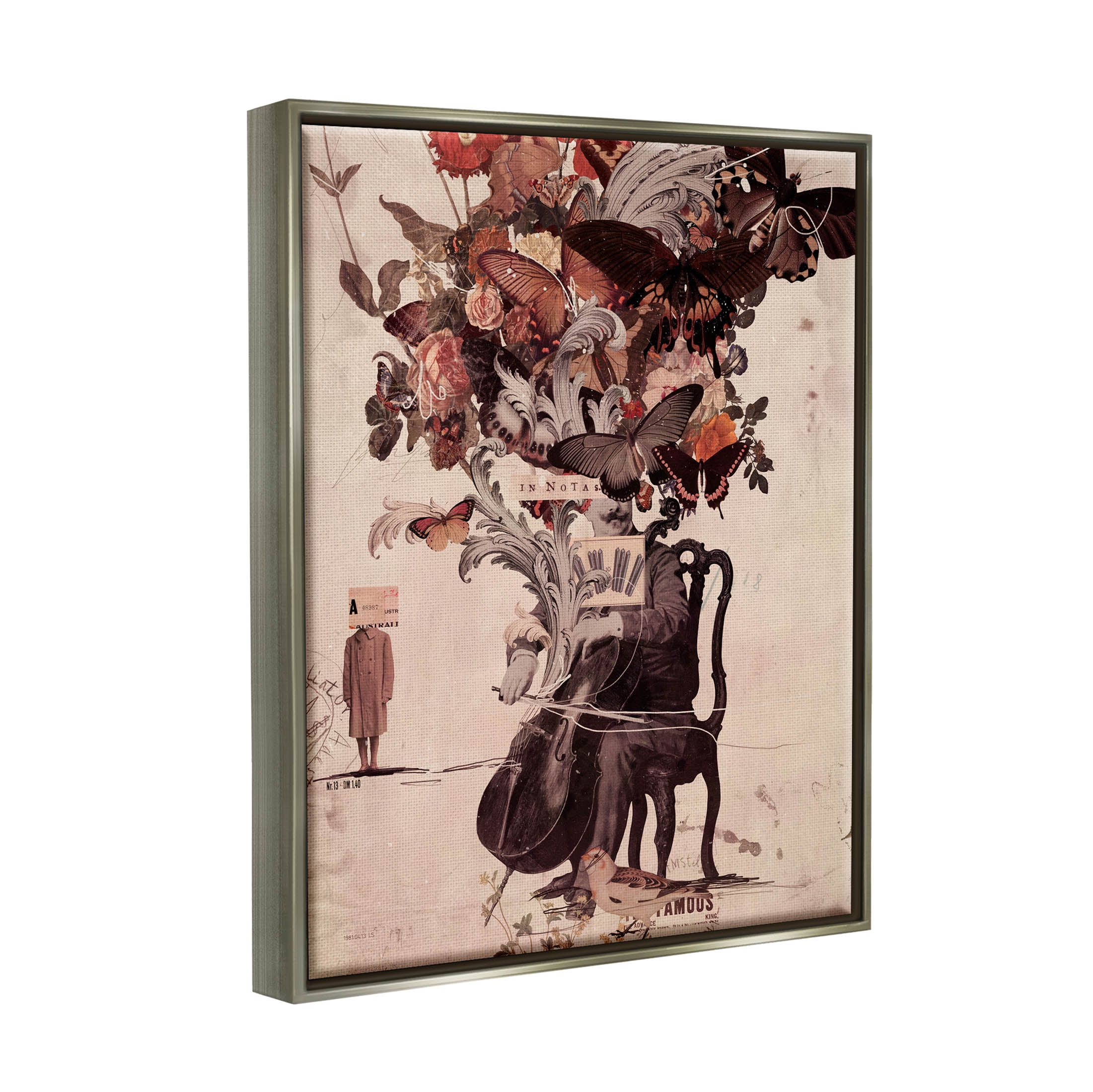 Stupell Industries Musician Butterfly Botanicals Collage Graphic Art Luster Gray Floating Framed Canvas Print Wall Art, Design by Matheus Lopes Castro