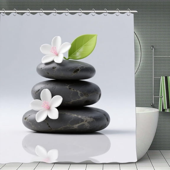 Stones with Magnolia Blossoms Nature Floral Print Shower Curtain,Modern Fabric Waterproof Shower Curtain Set with Hooks 70.8×70.8Inch (180×180cm)