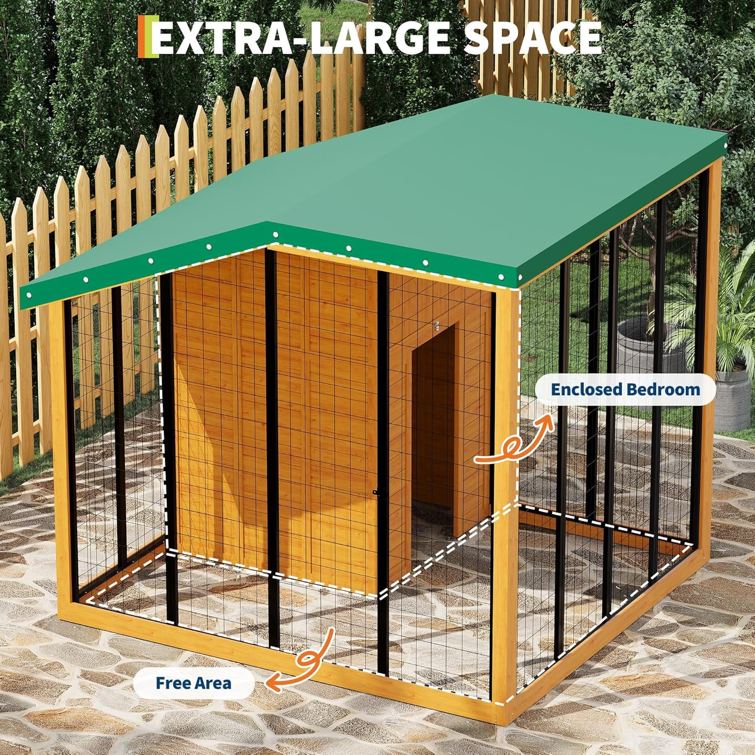 Cedar Wood Large Dog Kennel with PE Roof, Outdoor Dog House with Feeding Door, Locking Gate, Water/Food Tray, Cedar Wood Shelter for Backyard (Wood)
