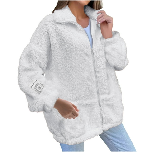 WRKEKC Women's Thick Plush Jacket Long Sleeve Solid Color Zipper Front Winter Warm Coat