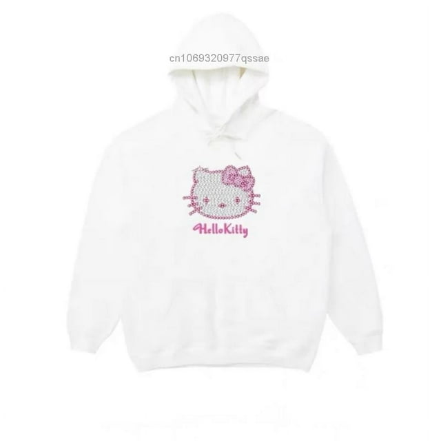 Sanrio Hello Kitty Sparkling Rhinestone Pattern Hooded Sweater Y2k Women Trend Cute Hoodies Loose Oversize Tops Autumn Clothes HOEMLIN