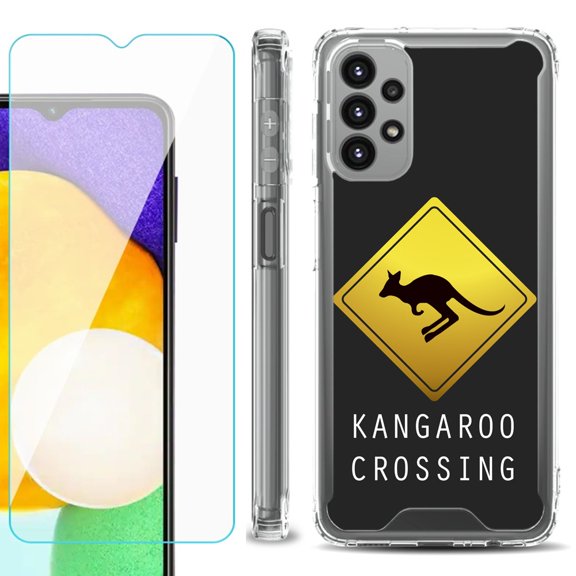Shockproof Bumper Phone Case for Samsung Galaxy A23 5G, with Tempered Glass Screen Protector, by OneToughShield ® - Road Sign Kangaroo