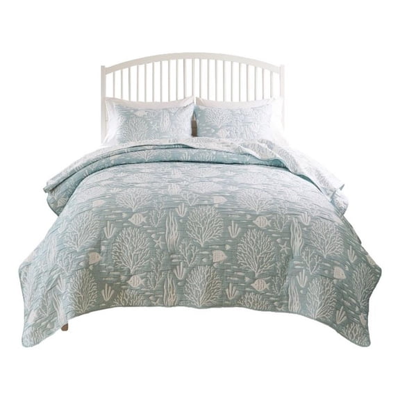 Benjara Amy 3pc Full Queen Coverlet Pillow Sham Set- Coastal Design Seafoam Blue