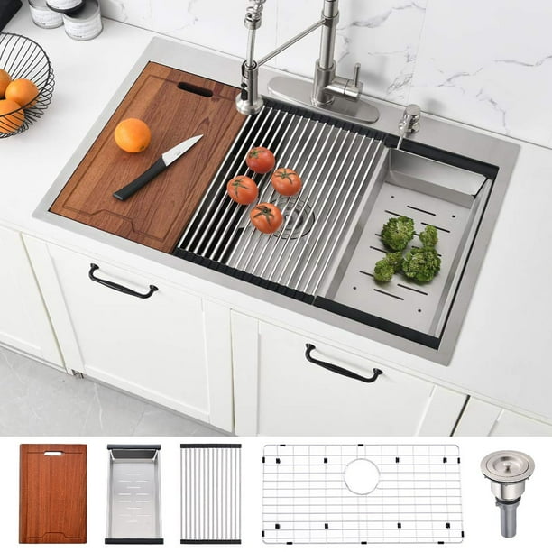 Bokaiya 33x22 Drop in Kitchen Sink Workstation 16 Gauge Stainless Steel