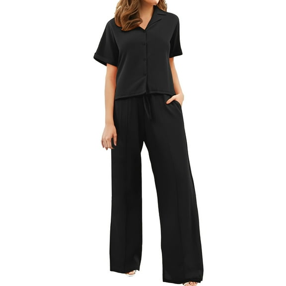 UJNDER Women's Stylish Solid Color Lapel Wide Leg Pantsuit Pant Suits for Women Black M