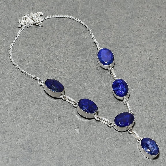 Blue Sapphire Gemstone Necklace Handmade Adjustable Chain Oval Shape Jewelry 18"