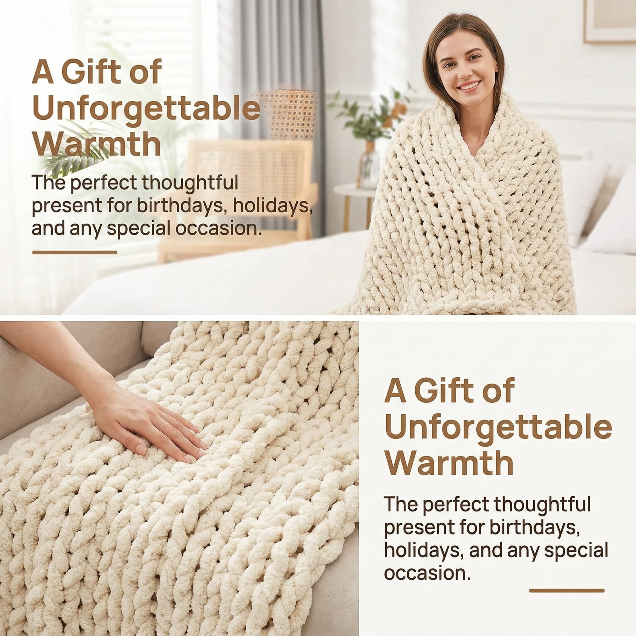 HomeCozy Chunky Knit Throw Blanket, 50x60 Inch Beige Soft Thick Chenille Blanket for Couch, Bed, Sofa, Cozy Hand Knitted Rope Knot Crochet Throw