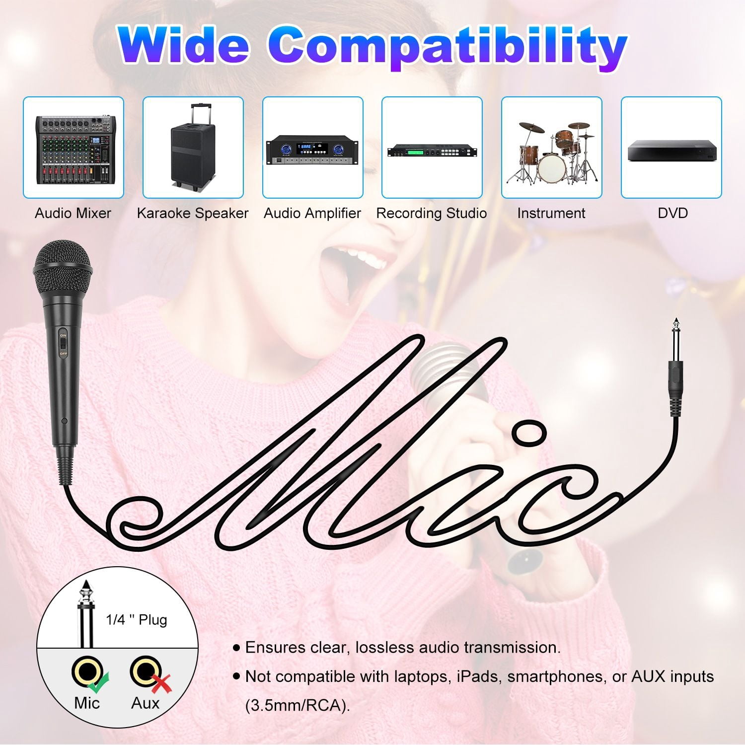 Handheld Wired Microphone Cardioid Dynamic Vocal Mic with On/Off Switch 13ft Cable 6.35 mm Jack for Speaker Karaoke Ampilifier Mixer Professional Studio & Live Performance