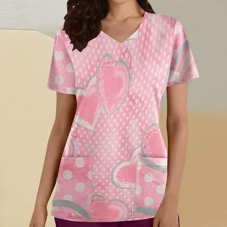 

Christmas on Sales Clearance! Qiaocaity Women Scrub Tops Women s Fashion Short Sleeve V-Neck Tops Working Uniform Happy Valentine s Day Printing With Pocket Blouse Tops Pink XL