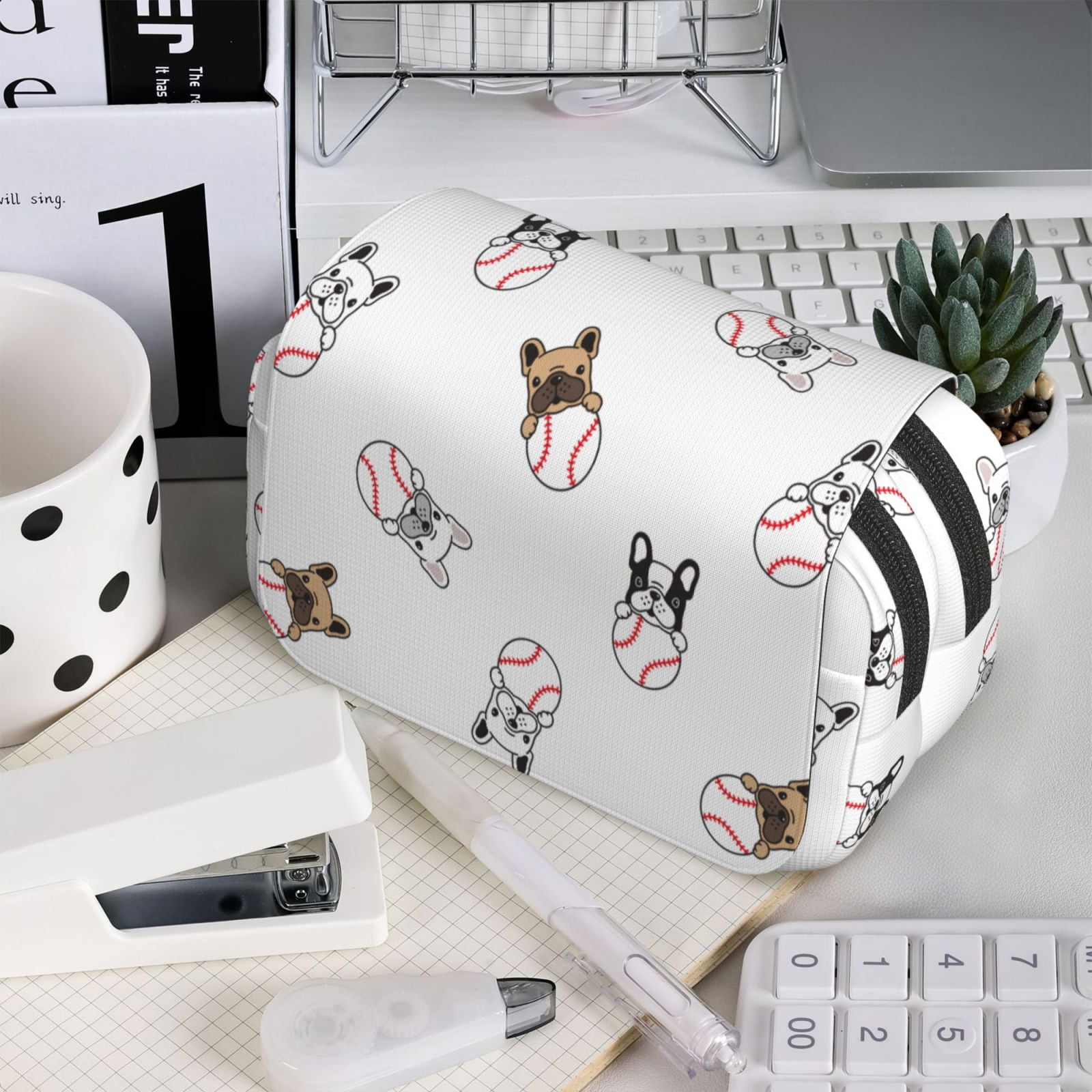 Rateoe Bbaseball Dog Pattern Double Clamshell Pen Case, Storage Organizer with Two Zipper Compartments– Holds Up to 50 Pencils & Pens