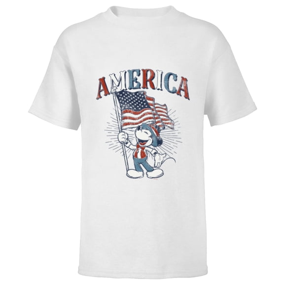 Disney Mickey Mouse with American Flag USA Fourth of July - Short Sleeve T-Shirt for Kids - Customized-White