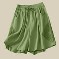thumbnail image 2 of Charella Linen Shorts for Women Elastic Waist Wide Leg Lace Panel Pants with Pockets Solid Color Pants (XL, Green), 2 of 5