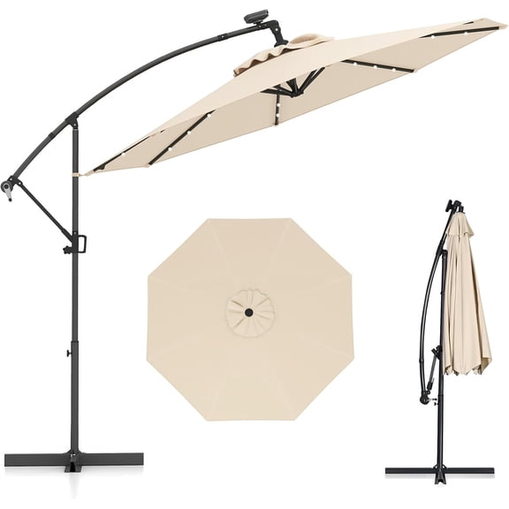 YEXJ 10 FT Offset Hanging Umbrella with Solar LED Lights, Patio Cantilever Umbrella with Easy Tilt Adjustment, Crank, 360° Rotation, Outdoor Market Umbrella for Pool Garden Deck-Beige