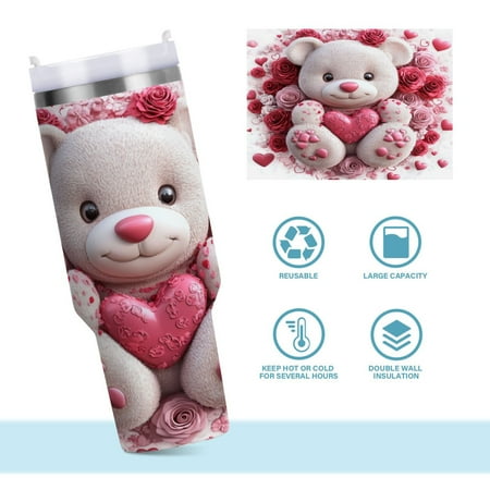 

DIXRUYEE Steel Water Bottles Tumbler Creative Cuddly Bear in Floral Embrace Pattern 40oz/30oz