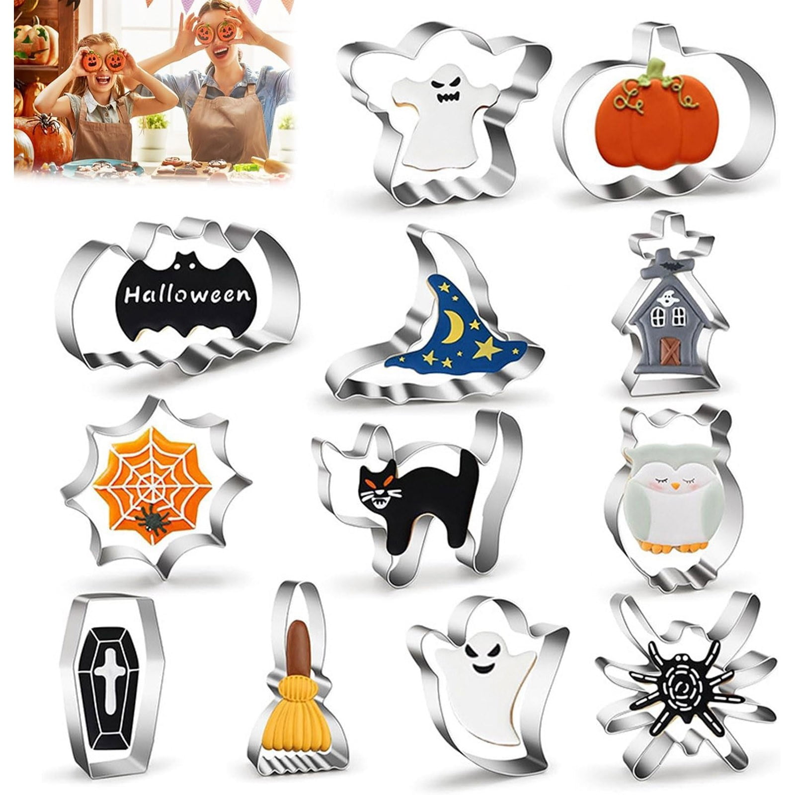 12Pack Halloween Metal Cookie Cutters Set Large Stainless Steel Assorted Shapes Holiday Baking Tools For Party Home(Set D-9X7.5Cm)