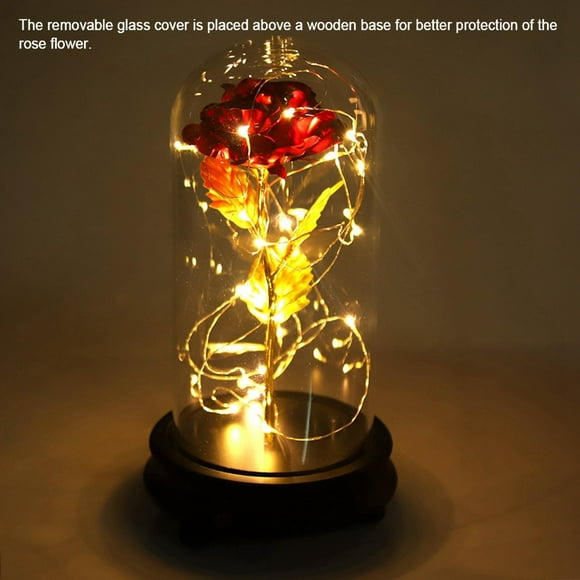 Rose Flower With LED Light, Preserved Rose Flower, 24K Wood Gold Plated Rose Last Forever With Glass Cover For Wedding Accessories Anniversary